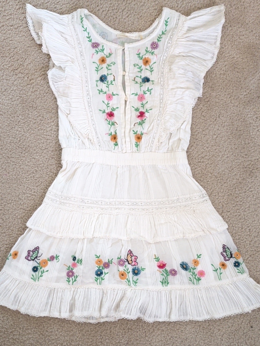 LoveShackFancy White Mini Dress with Multicolor Floral Embroidery Small